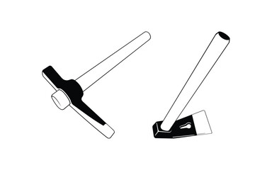 Set of two line art tools - minimalist Pickaxe and Hammer vector illustration design