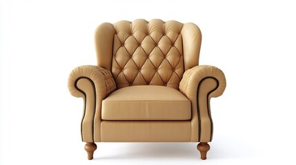 Elegant Beige Leather Wingback Armchair with Button Tufting