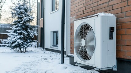 This image showcases a heat pump installed outside a residential house, providing efficient heating and cooling solutions during winter