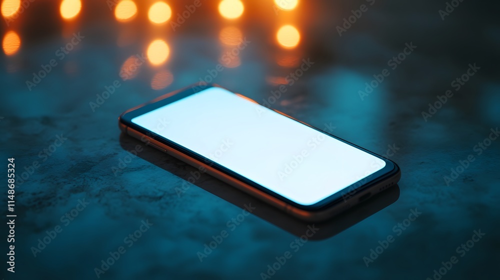 Poster a modern smartphone lies on a glossy surface with softly glowing bokeh lights in the background, per