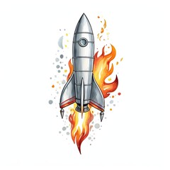 Obraz premium A retro-style rocket ship blasts off, leaving a fiery trail against a white background. Watercolor illustration.
