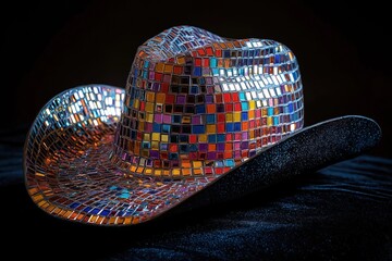 Colorful mosaic cowboy hat on black velvet background. Hat mirror-tile pattern with many vibrant colors. Gay cowboy style. Retro, vintage design. Possible for fashion party celebration. Perfect for
