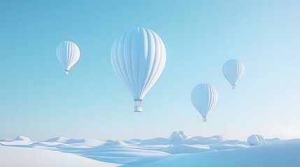 Fototapeta premium Four white hot air balloons float over a serene, snow-covered landscape under a clear sky.