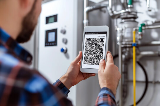 Service technician scanning a QR code on a high-tech smart boiler with an augmented reality interface, futuristic repair concept.