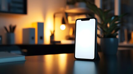 Modern workspace with smartphone on desk, illuminated by warm ambient light, featuring blurred background of books and plants, ideal for technology and productivity concepts