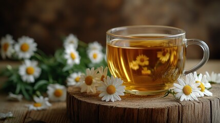 Cup of chamomile tea with fresh flowers on wood.