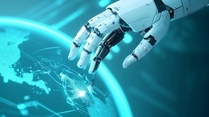 Robotic hand reaching towards glowing digital Earth globe. Futuristic artificial intelligence and global technology concept. Modern automation and digital transformation visualization with cyan glow - Powered by Adobe