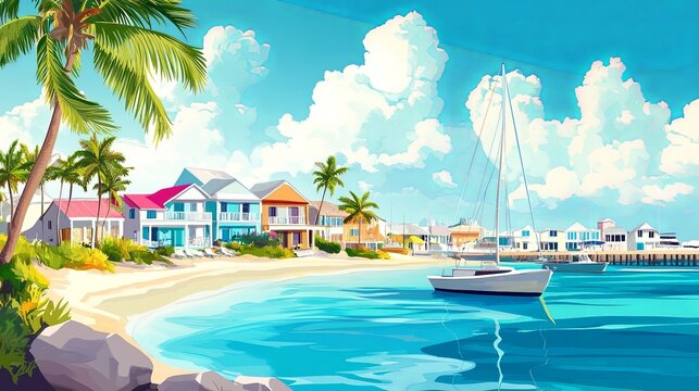 Bimini The bahamas Travel Poster Flat Illustration Print Decor Gift Canvas Wall Art Gift