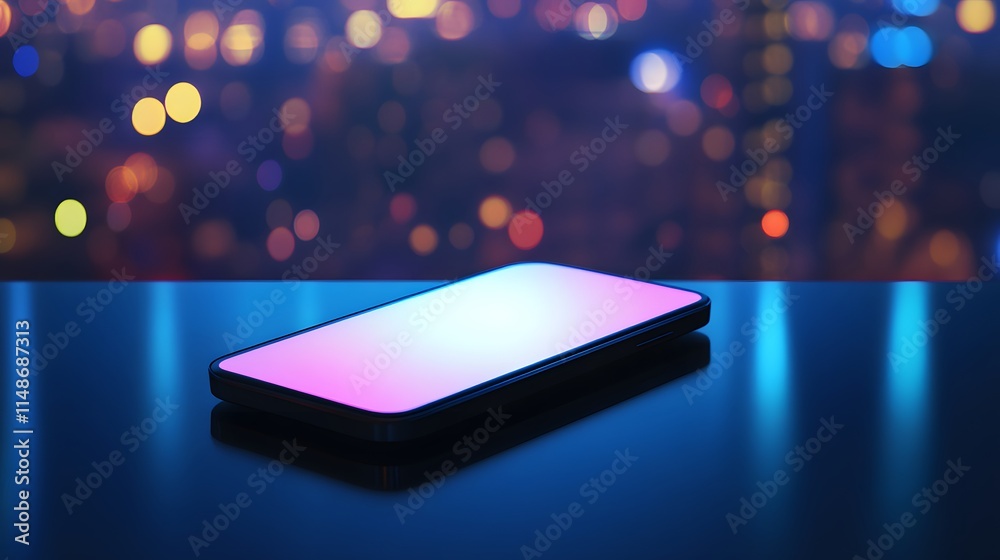Poster modern smartphone displaying vibrant colors on a table against a blurred city night background with 