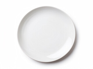 Top view of White plate ceramic blank isolated on mockup. Shiny. Flat lay food empty.