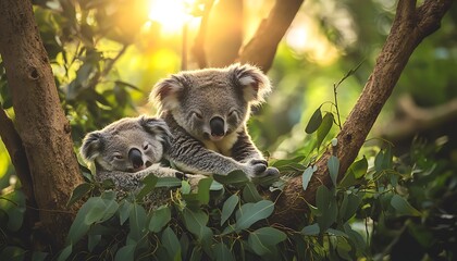 Fototapeta premium Two koalas cuddling in a eucalyptus tree at sunset.