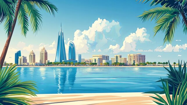 Sanabis Bahrain Travel Poster Flat Illustration Print Decor Gift Canvas Wall Art Gift