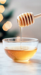 Golden honey dripping from wooden dipper into clear glass bowl