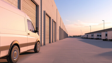 Modern distribution center with white delivery vans at sunset