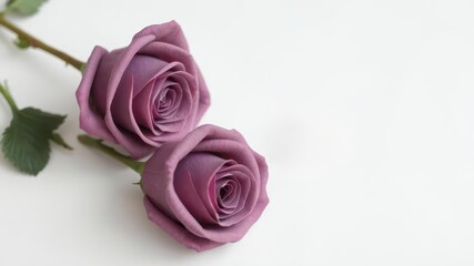 Fototapeta premium Three velvety roses and elegant rings arranged on pristine white background, luxury, object, engagement