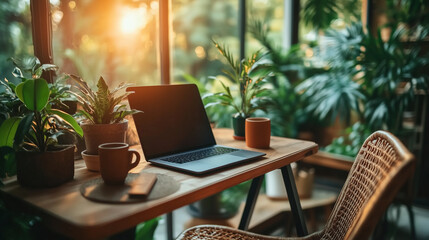 Cozy workspace with laptop and plants at sunset in a bright indoor garden setting