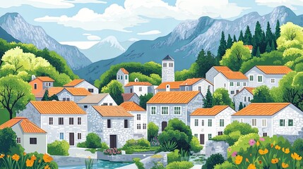 Fototapeta premium Gusinje Montenegro Travel Poster Flat Illustration Print Decor Gift Canvas Wall Art Gift
