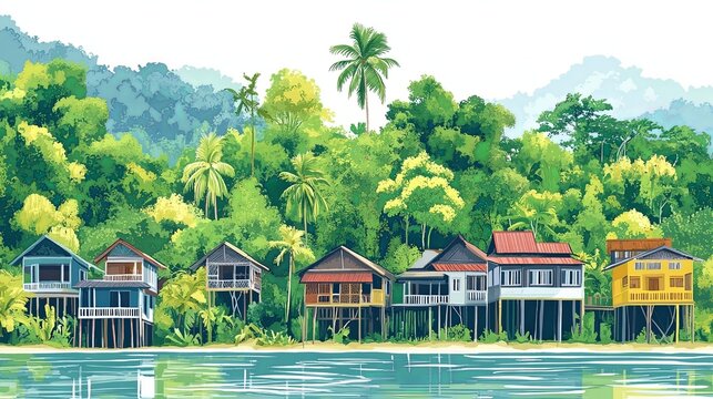Baram Brunei Travel Poster Flat Illustration Print Decor Gift Canvas Wall Art Gift