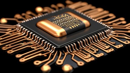 Fototapeta premium Close-up of a Modern Microchip with Gold Connectors on Black Background