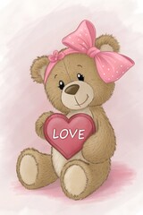 teddy bear with pink heart on pink background