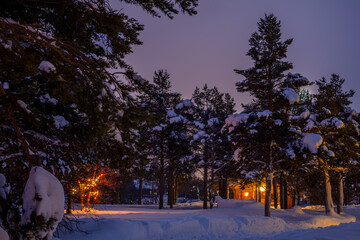 Illuminated Log Cabin and Garland in the Night Snowy Forest