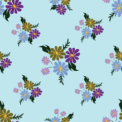 Small colorful flowers and brown flowers, hand drawn. Seamless on a light yellow background. Designed for fabric, fashion, textiles, wallpaper,