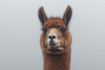 Obraz premium Close-Up Portrait of a Llama with Soft Fur and Expressive Eyes Against a Soft Gray Background, Capturing the Calm and Gentle Nature of this Unique Animal Species