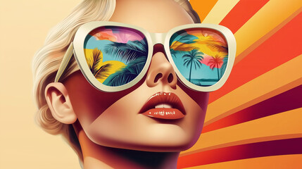 Blonde woman wearing sunglasses reflecting tropical beach sunset