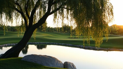 Weeping willow tree by serene golf course pond at sunset.