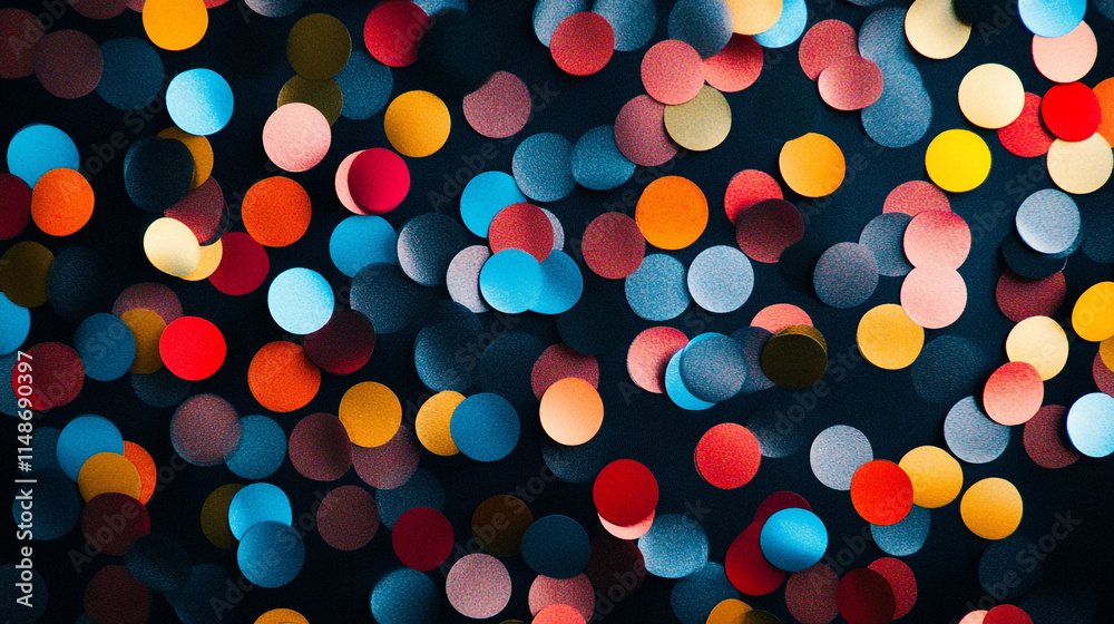 Poster vibrant abstract background with colorful bokeh dots on dark backdrop.