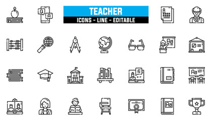 Set of 25 line icons teacher. Editable stroke. Vector illustration