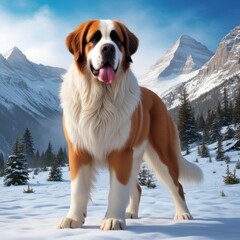 
A Saint Bernard standing in the mountains, its large frame and thick coat ideal for the cold.