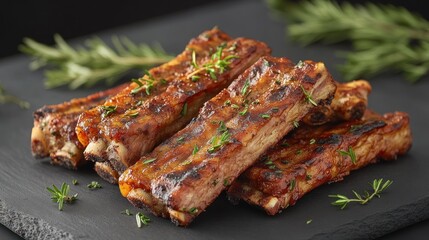 Delicious BBQ pork ribs with herbs on black slate.