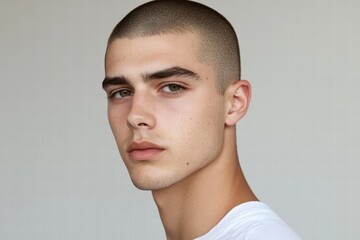 Fototapeta premium Young man with short hair and captivating gaze, embodying modern style and simplicity against a neutral background in a studio setting