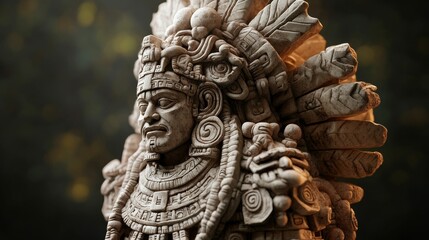 Fototapeta premium Stone carving; ancient leader; feathered headdress.