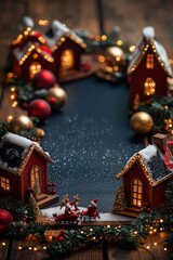 Fototapeta premium Cozy Christmas scene with miniature houses. Red houses with warm golden lights inside. Snowy roofs decorated with glitter. Reindeer sleigh with Santa Claus. Christmas balls, garlands add festive