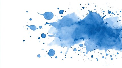 Abstract Blue Watercolor Wash with Splashes and Blobs on White Background