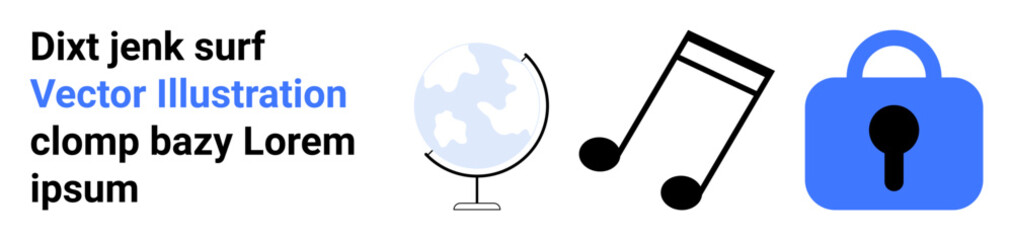 Globe, music note, and lock illustrations next to placeholder text. Ideal for education, travel, music, security, design, marketing, presentations. Banner for landing page