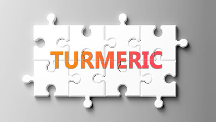Turmeric complex like a puzzle - pictured as word turmeric on a puzzle pieces to show that turmeric is complex and needs cooperating pieces that fit together. ,3d illustration