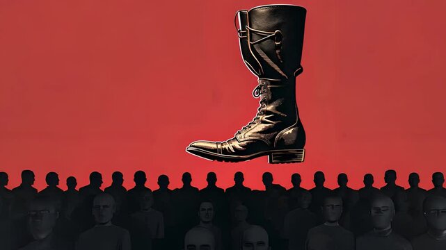 Large Black Military Boot Hovering Above a Crowd of Shadowed Silhouettes with Red Background

