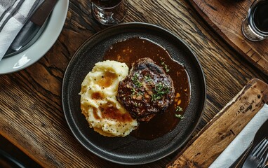 A serving of beef bourguignon with mashed potatoes.