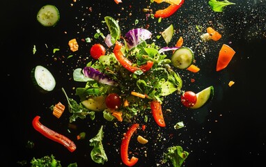 A vibrant salad exploding in the air with vegetables and dressing suspended