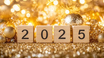2025 New Year celebration with golden ornaments and bokeh lights background