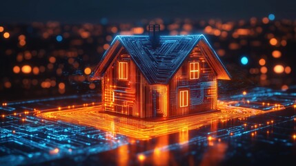 Modern home connected to high-speed internet network. Smart home concept with fiber optic technology. Digital house with glowing lines showing internet connection. City lights background. Futuristic