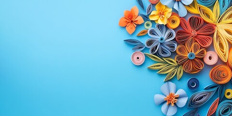 Obraz premium Colorful Paper Flowers Arranged on Blue Background