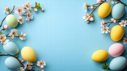 Obraz premium Colorful Easter Eggs Surrounded by Blooming Cherry Blossom Branches on a Soft Blue Background Perfect for Spring Celebrations and Festive Decorations
