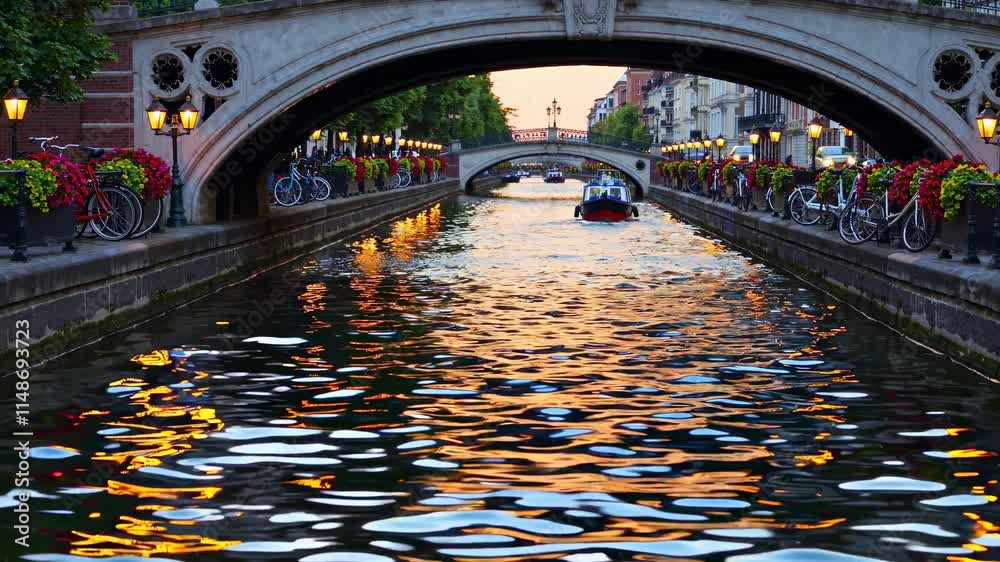 Aufkleber sunset views along the canal with reflections in a tranquil setting featuring boats and lush flower 