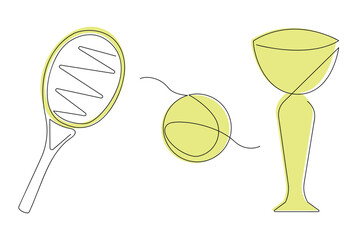 Tennis set in one continuous line in color. One line drawing, minimalism. Vector illustration.
