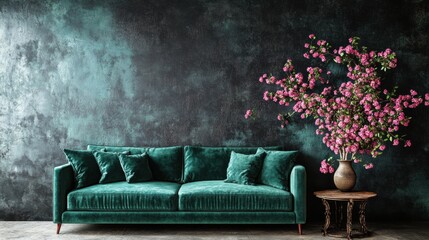 Emerald Velvet Sofa with Pink Flowers Against Textured Wall