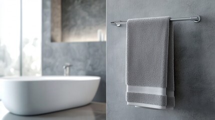 A luxurious towel hanging on a chrome towel rack in a sleek, modern bathroom